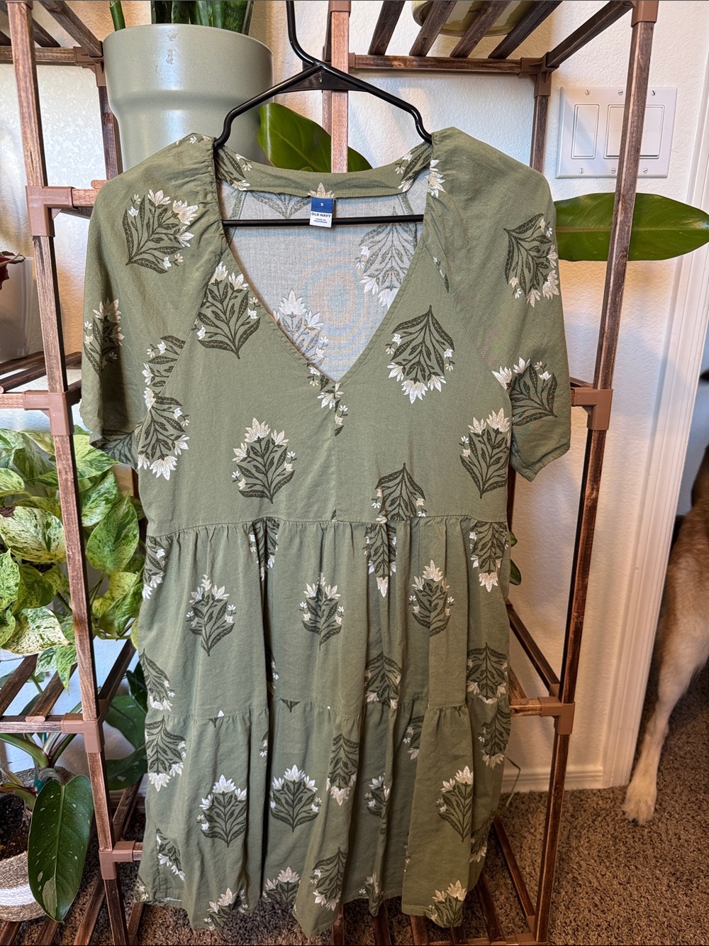 Old Navy Olive Green Floral V-Neck Tiered Midi Dress